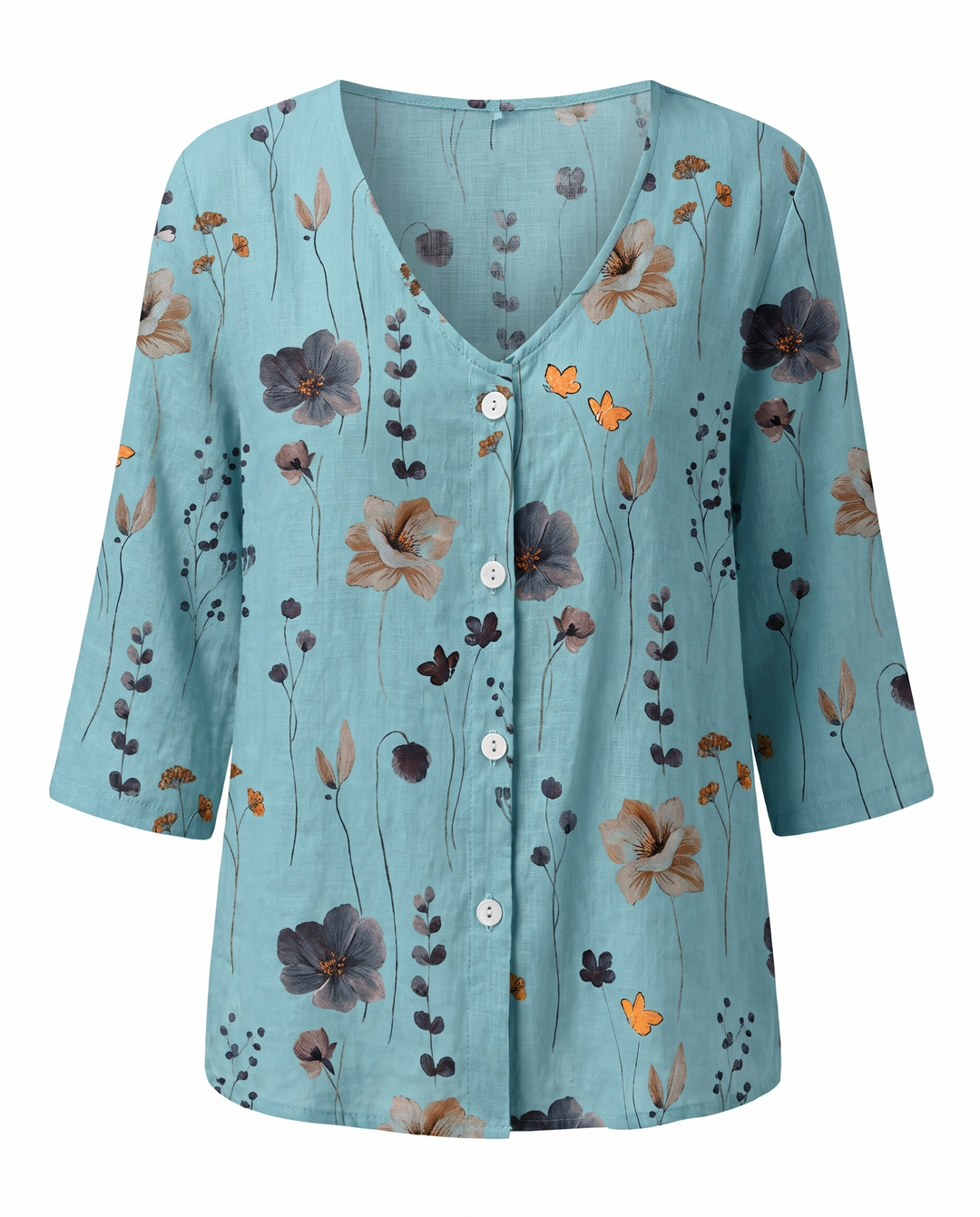 Side view of relaxed fit women's floral blouse for everyday wear