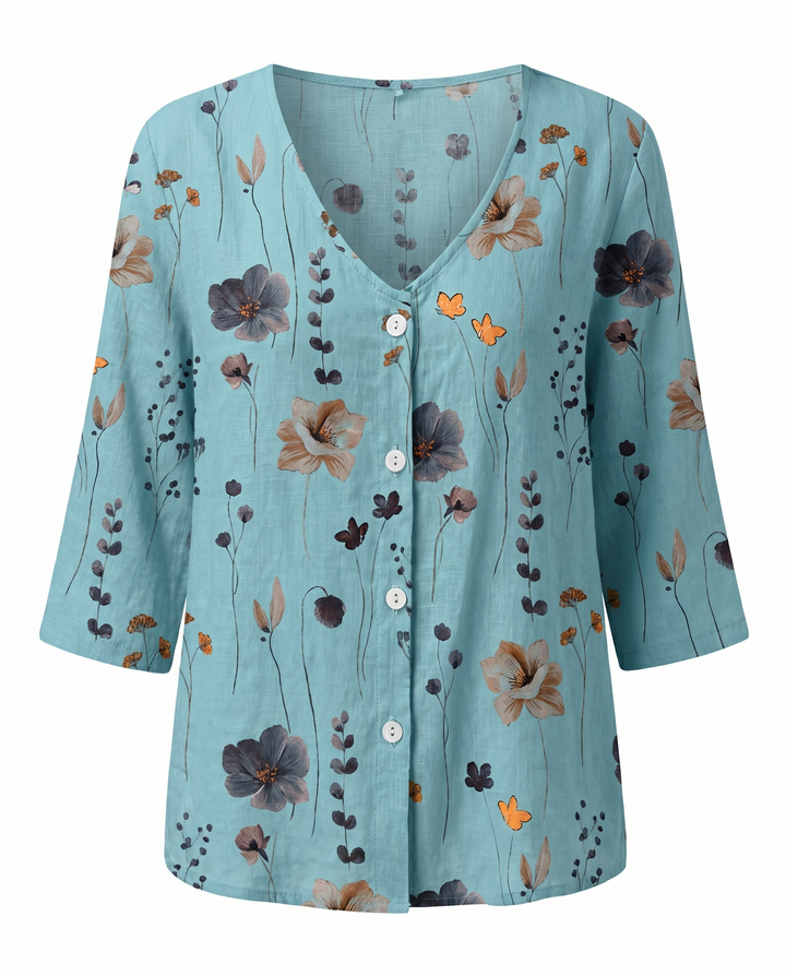 Side view of relaxed fit women's floral blouse for everyday wear