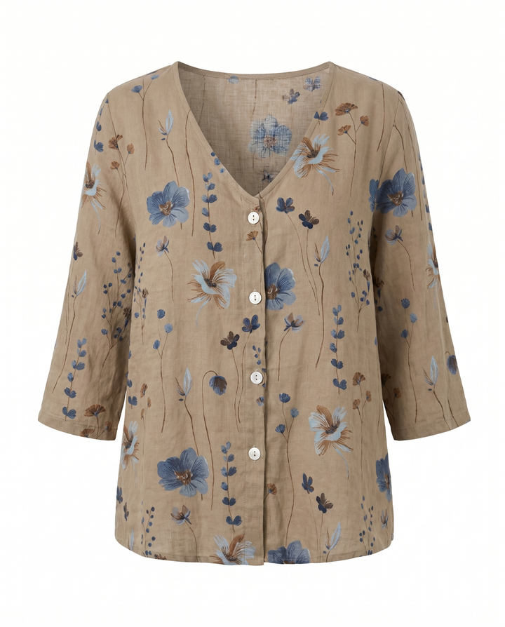 Womens clothing floral shirt showcasing stylish three-quarter sleeves