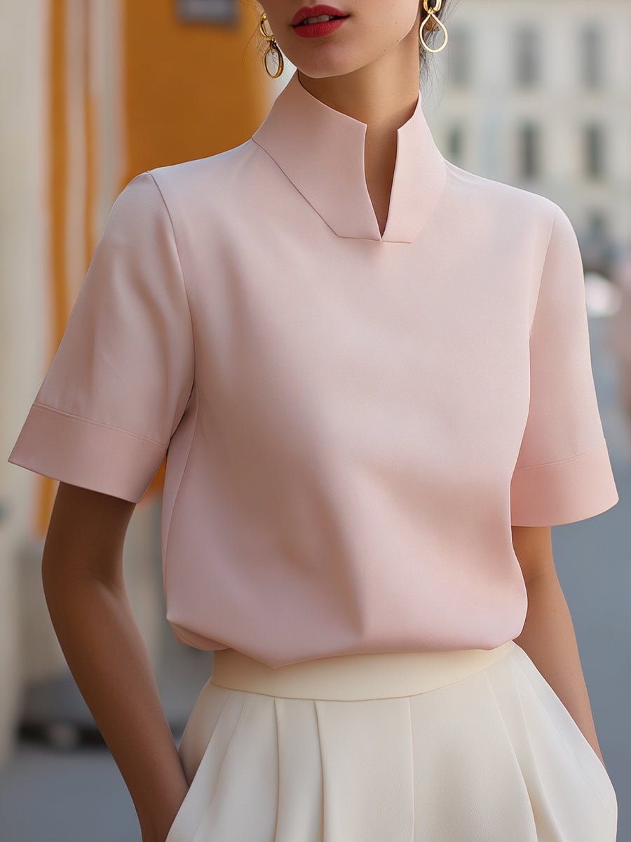 Elegant short sleeve women's business blouse with stand-up collar for office wear