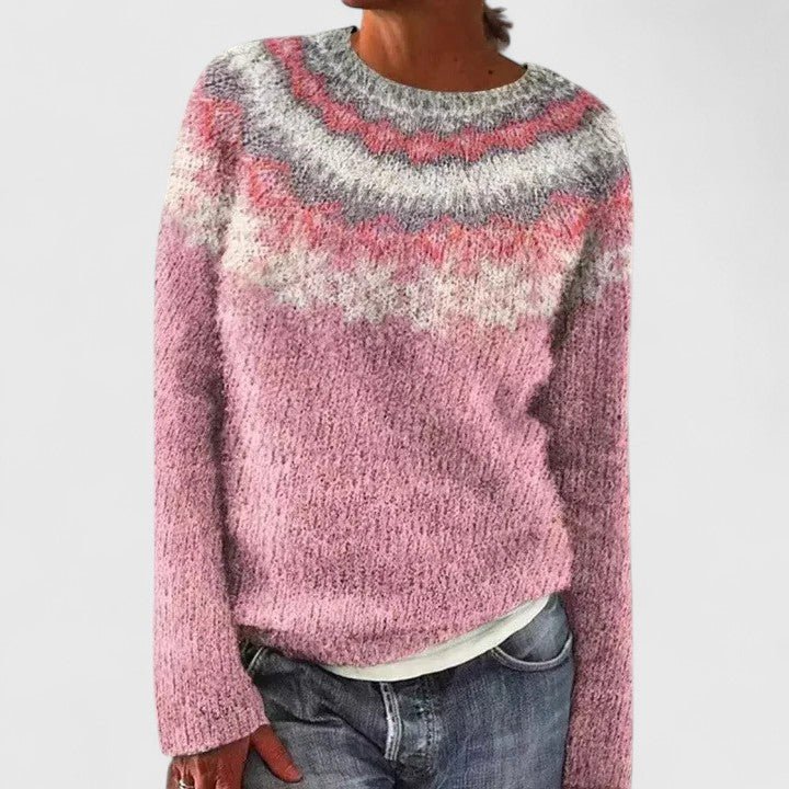 Detailed shot of the collar and neckline on cozy knitwear sweater