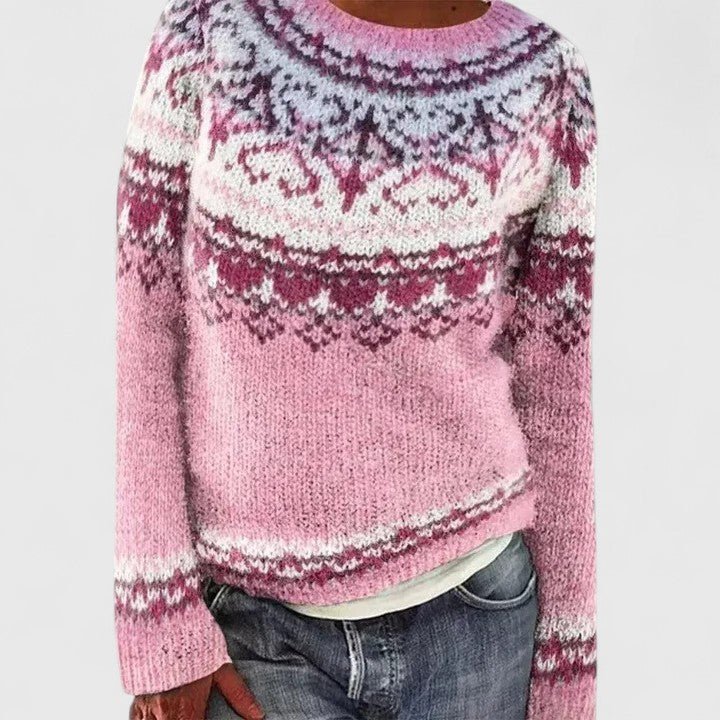 Womens chic patterned knit pullover front view showing cozy sweater design