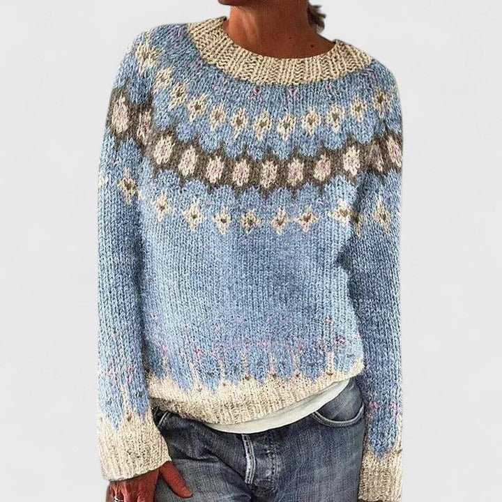 Womens patterned sweater styled for a casual everyday outfit look