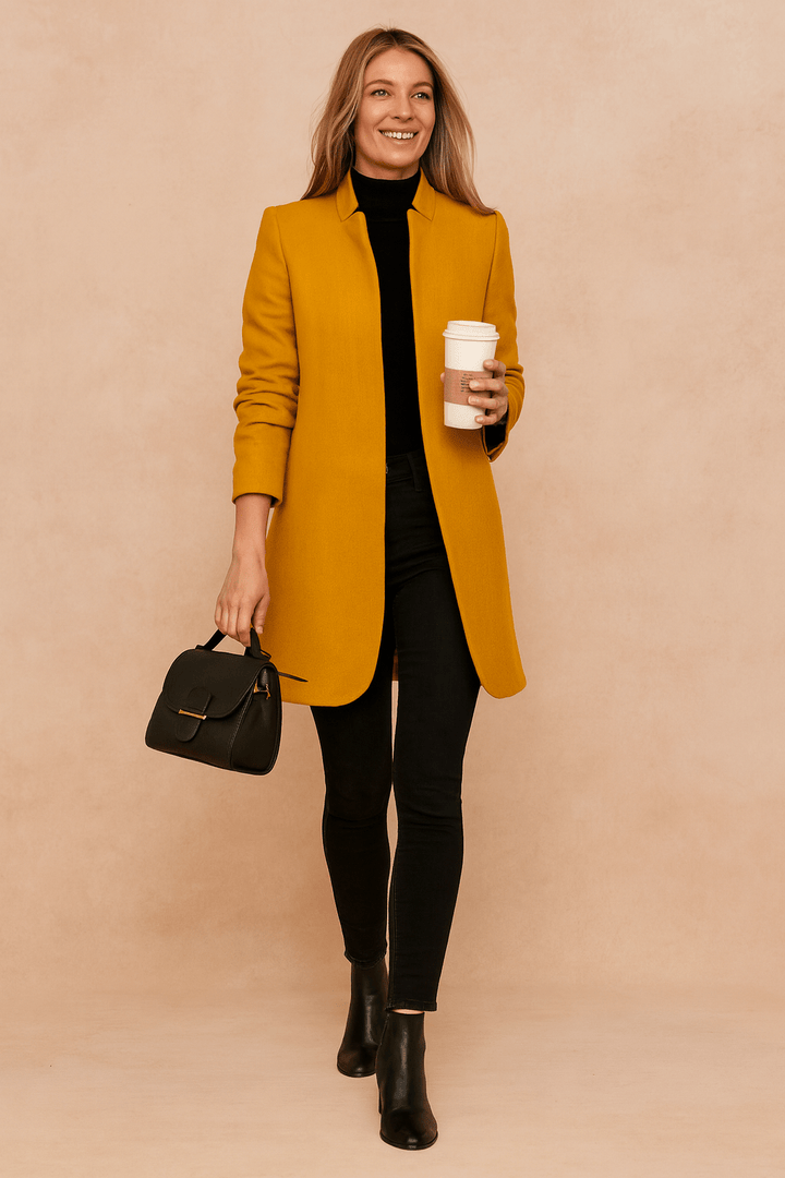 Full length view of a fashionable minimalist coat styled for women's autumn wardrobes.