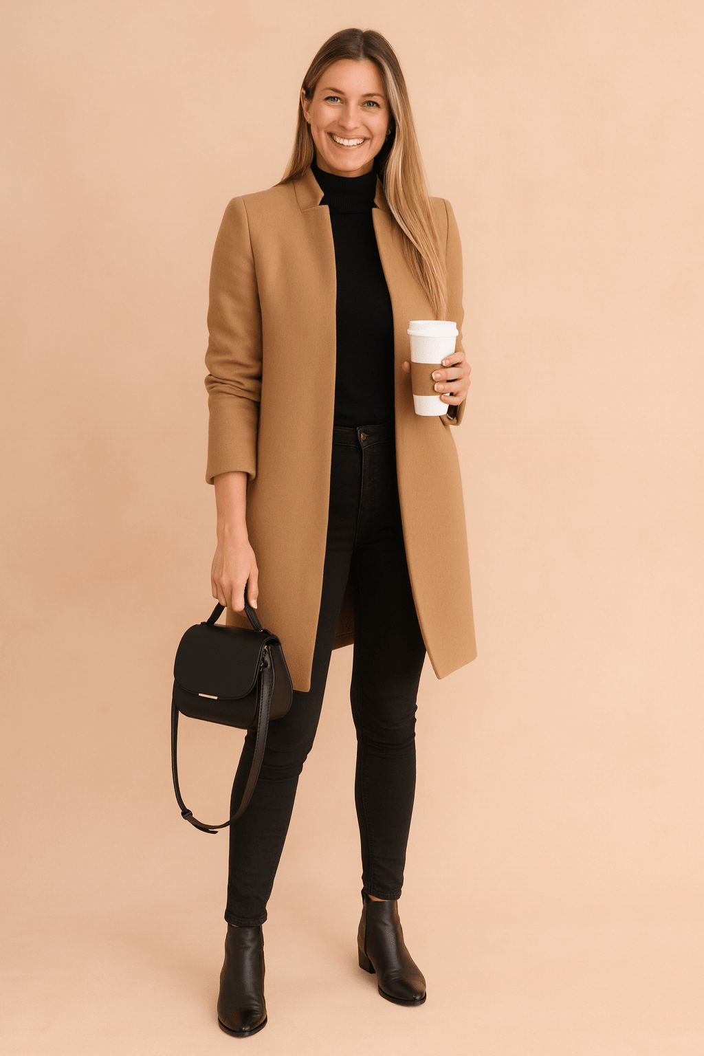 Women's fitted minimalist coat in a slim fit style for office wear and casual outerwear.