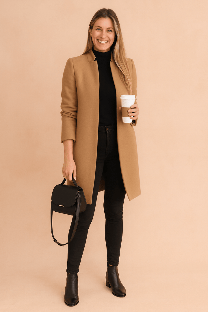 Women's fitted minimalist coat in a slim fit style for office wear and casual outerwear.
