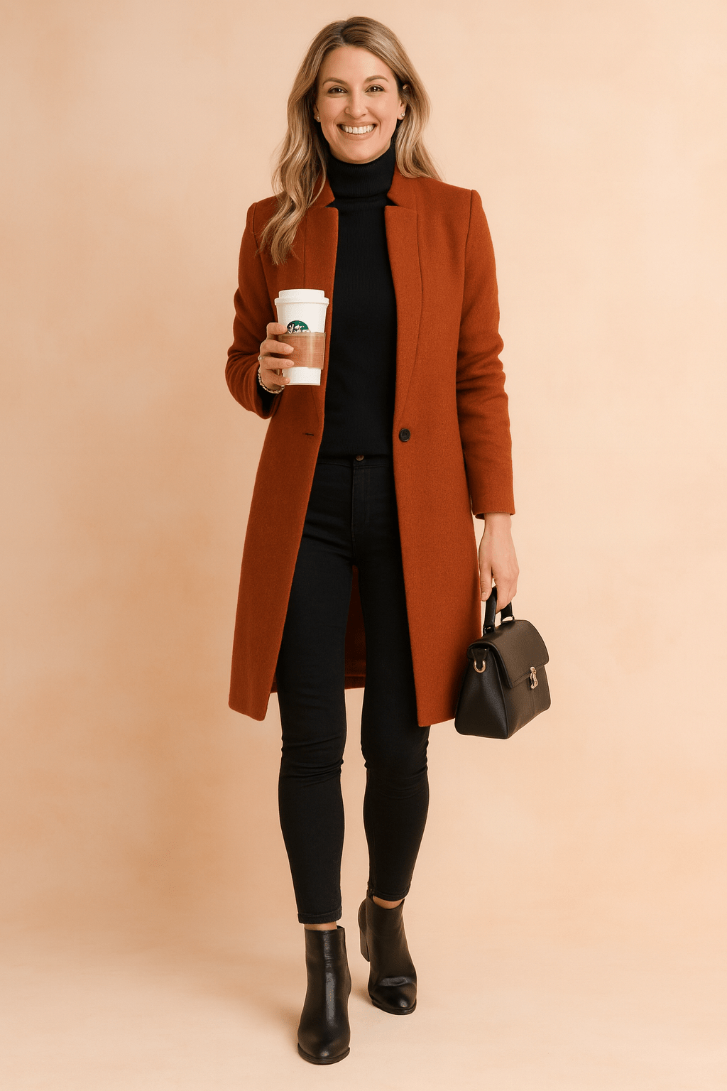 Slim fit women's coat showcasing structured shoulders and elegant tailored styling.