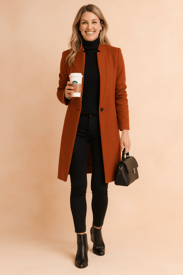 Slim fit women's coat showcasing structured shoulders and elegant tailored styling.