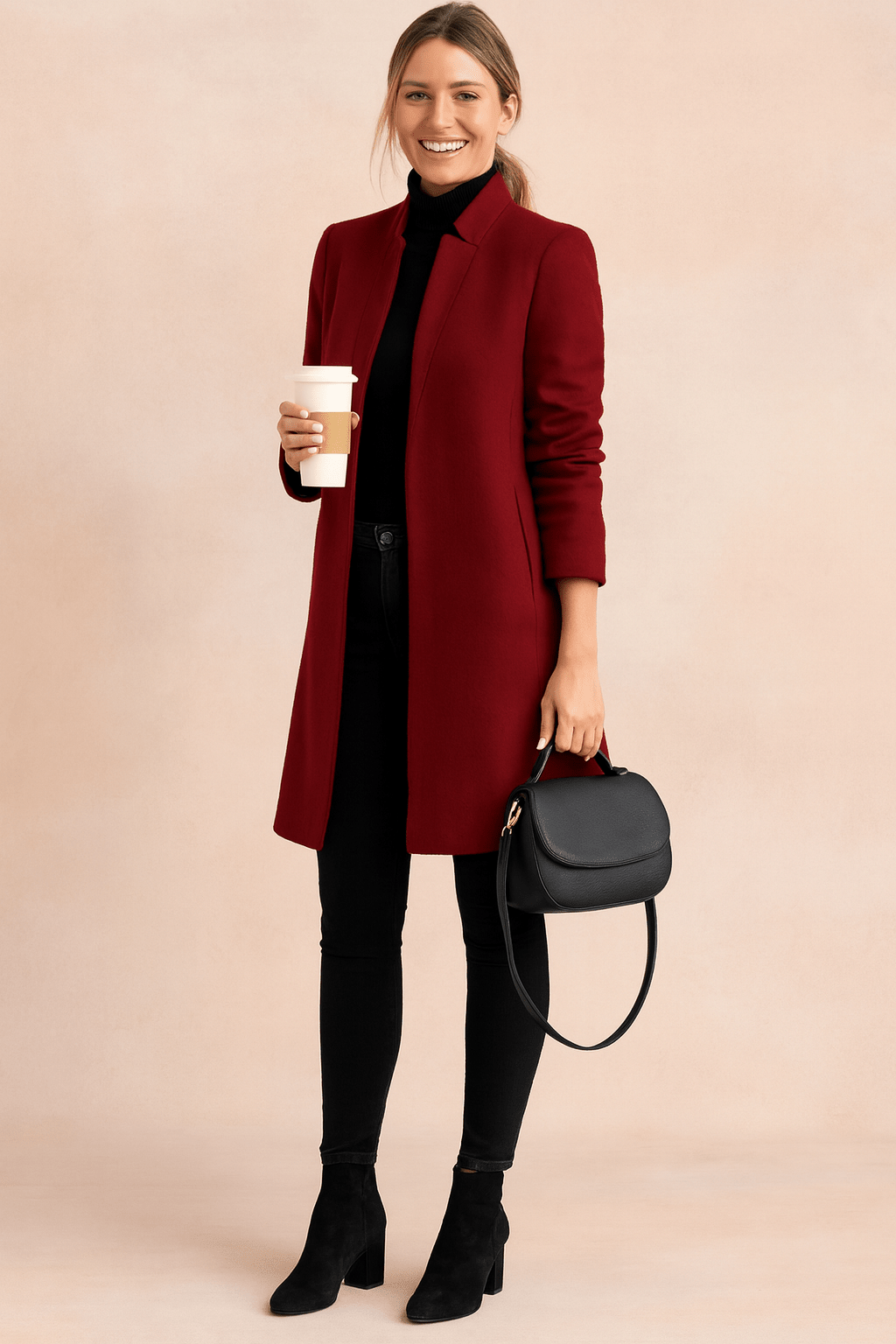 Back view of a minimalist women's coat with a sleek tailored silhouette and smooth fabric.
