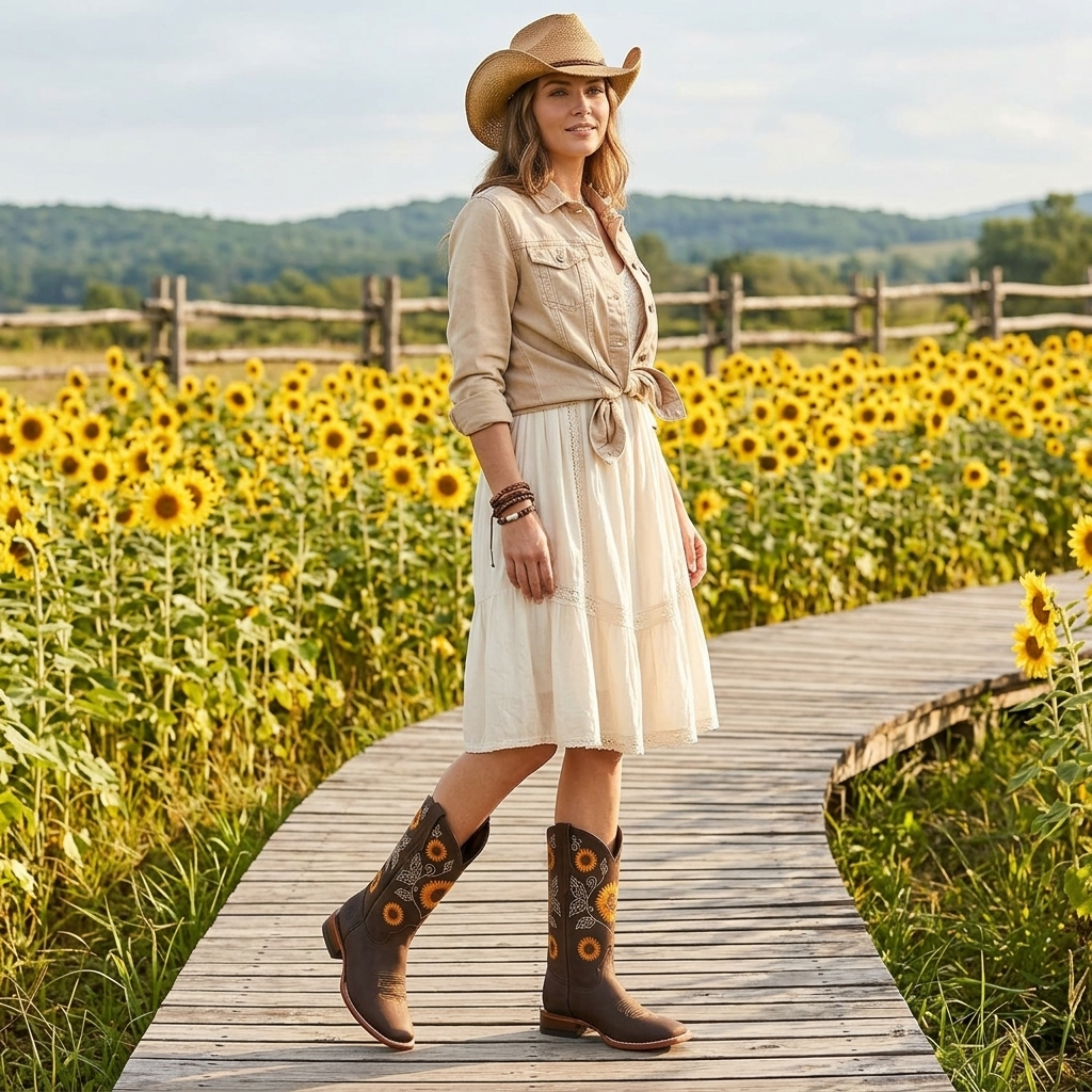Womens sunflower embroidered western cowboy boots with square toe