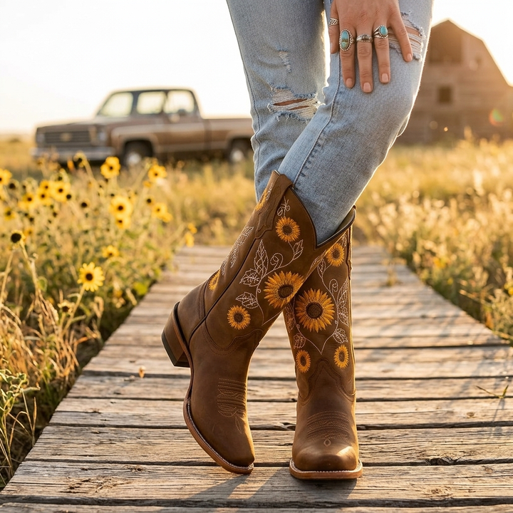 Detailed close up of yellow sunflower embroidery on cowgirl boots