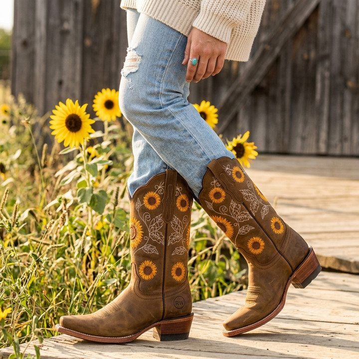 Womens square toe western boots featuring stacked block heel