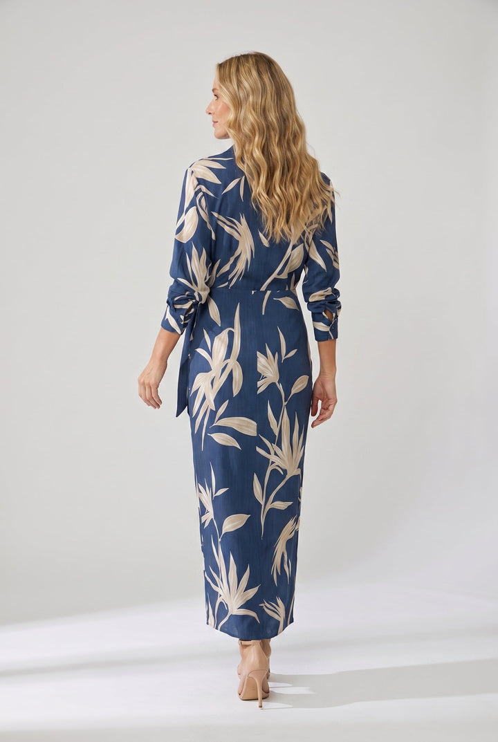 Womens botanical print midi dress featuring a classic collared neckline