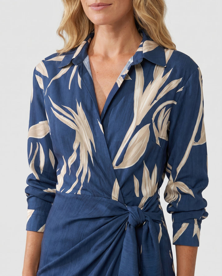 Long sleeve floral midi dress with elegant botanical pattern for women