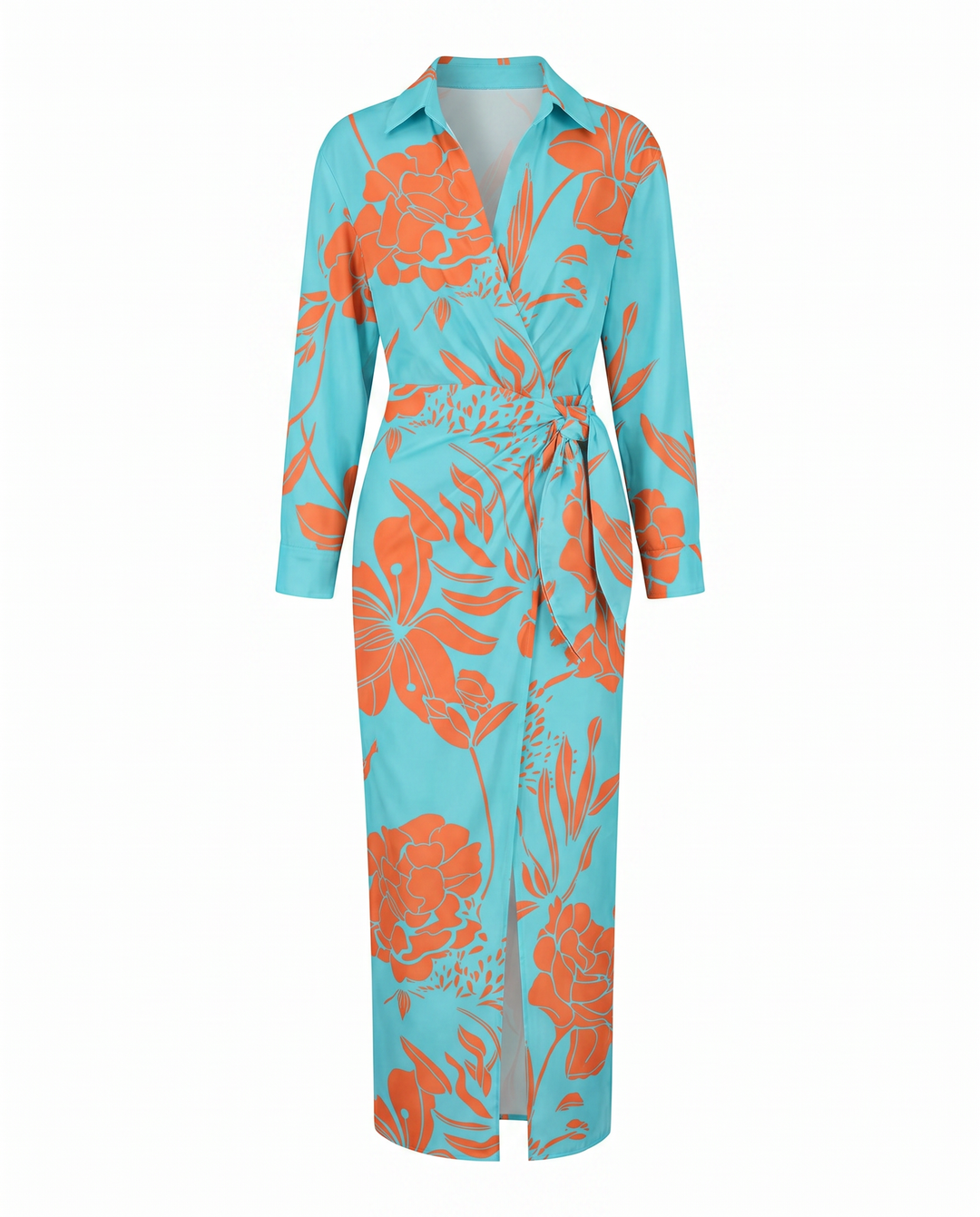 Elegant wrap style womens dress with long sleeves and floral motif