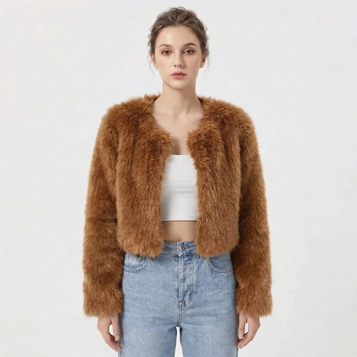Women's fluffy cropped evening jacket with open front design