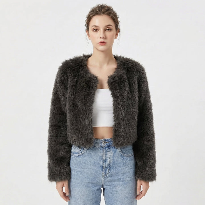 Model wearing dark grey cropped fluffy jacket
