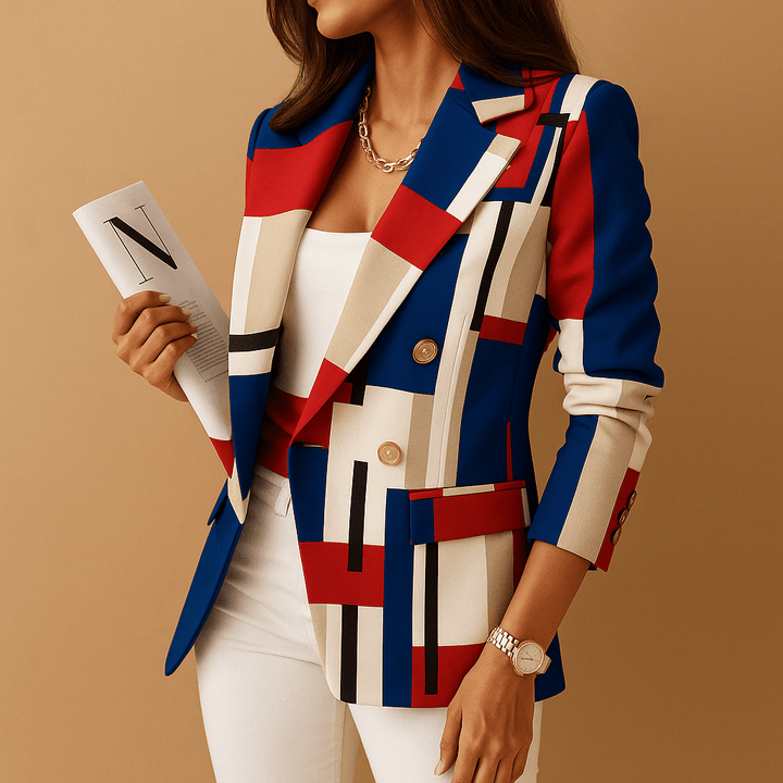 Close-up of women's plaid blazer pocket detail and tailored outerwear fabric