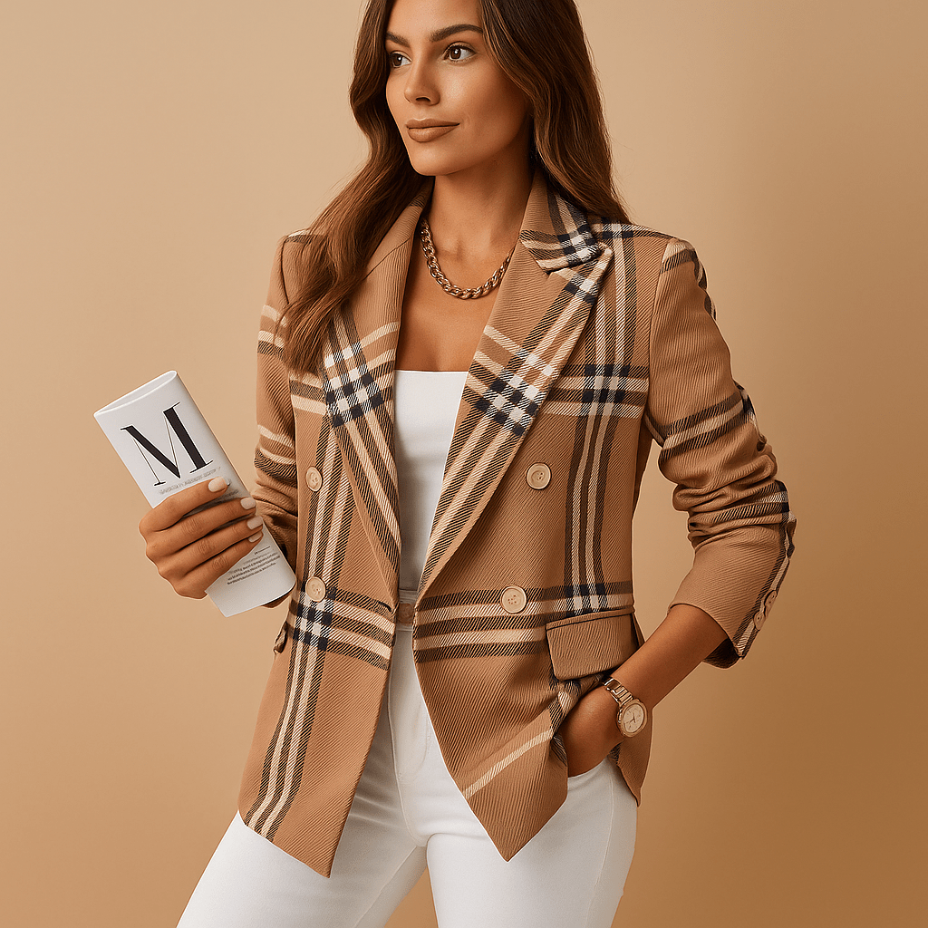 Woman wearing a light brown plaid fitted blazer holding a magazine