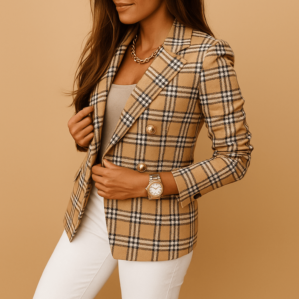Close-up of a woman in a light brown plaid blazer with gold buttons