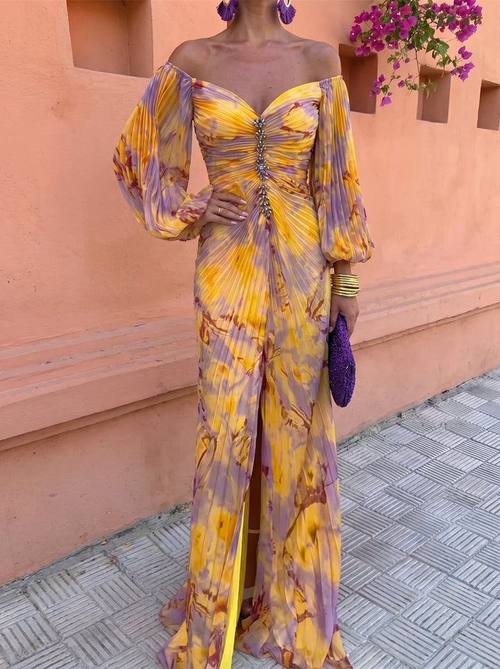 Close-up view of the bodice and neckline of the yellow floral maxi dress
