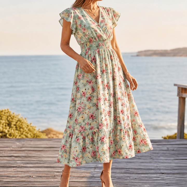 Woman wearing a light green floral midi summer dress by the sea