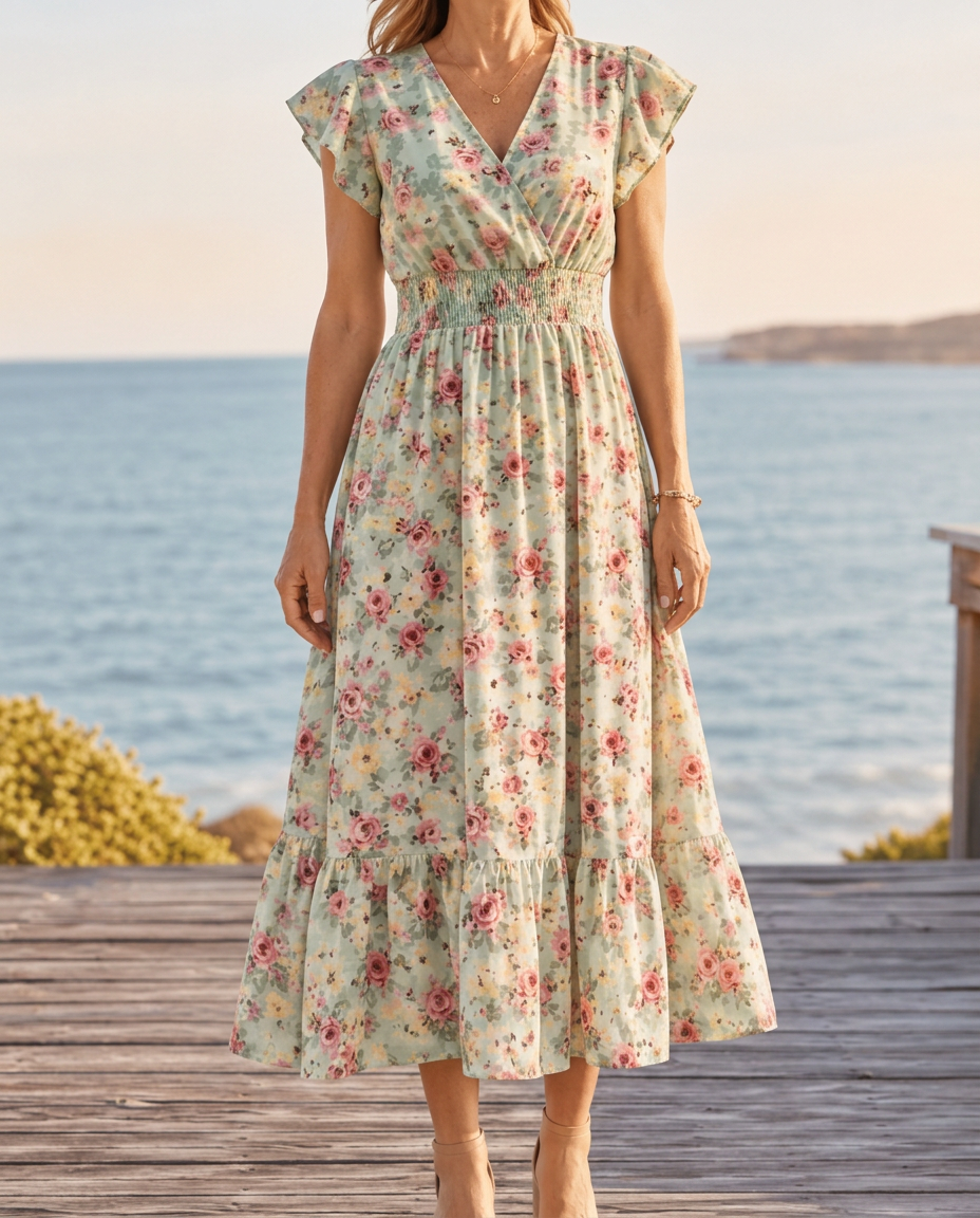 Close-up of the wrap V-neck and flutter sleeves on the floral midi dress