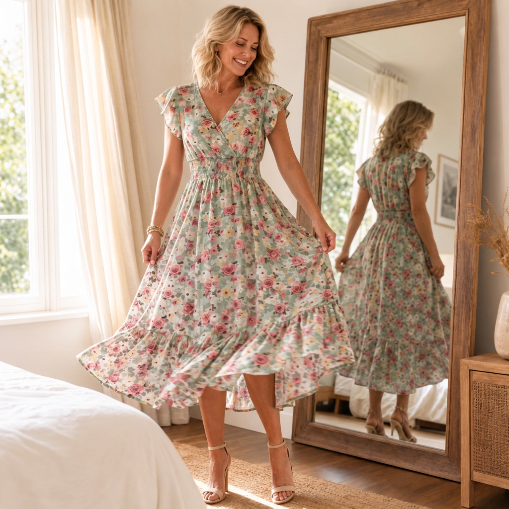 Light green floral midi wrap dress for women, ideal summer vacation style