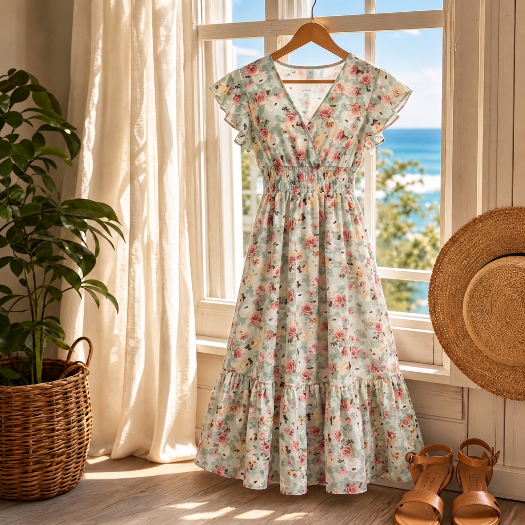 Back view of a light green floral summer midi dress with wrap design