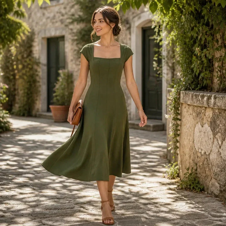 Side profile of womens a-line dress showing silhouette and midi length