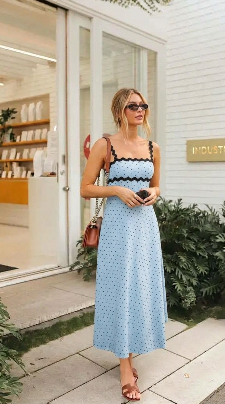 Model wearing light blue polka dot midi sundress outdoors
