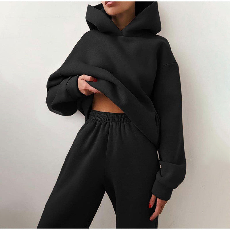 Close-up fabric detail of the comfortable oversized loungewear hoodie and joggers