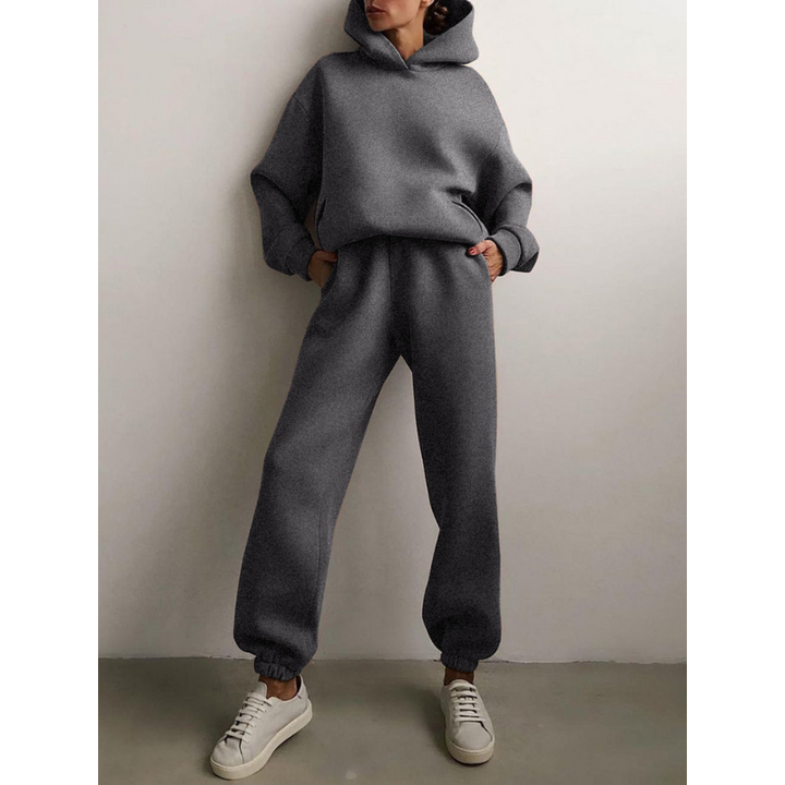 Model wearing the complete women's jogger set and hoodie loungewear