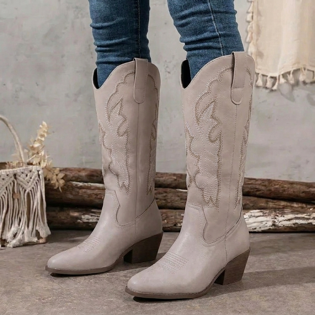 Durable stacked heel detail on fashionable womens brown cowboy boots