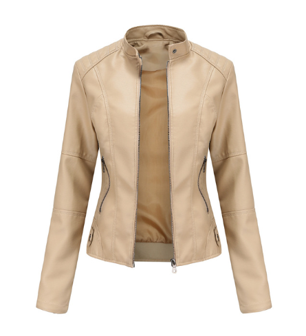 Camel colored women's mandarin collar jacket front view