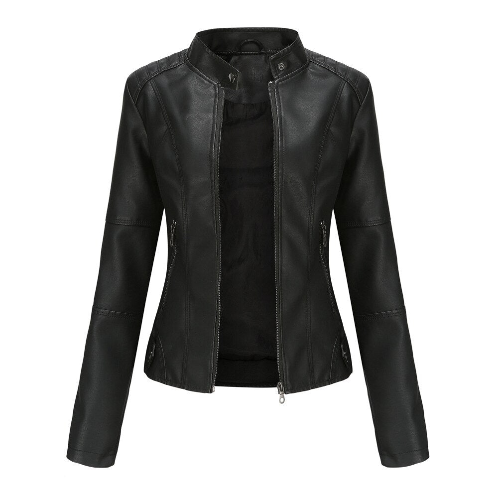 Black women's mandarin collar jacket front view
