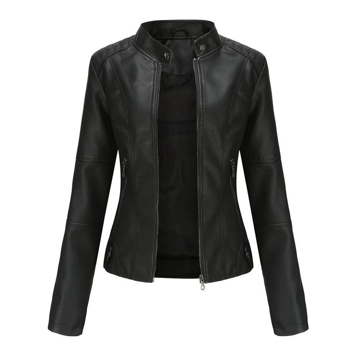 Black women's mandarin collar jacket front view