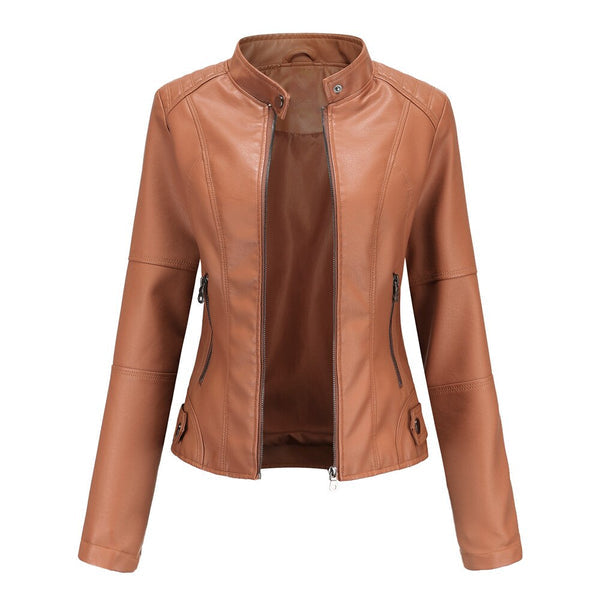Women's mandarin collar leather jacket back view showcasing tailored fit and stylish outerwear design.