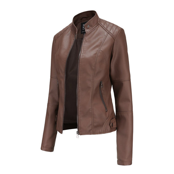 Side profile of a woman wearing a casual leather motorcycle jacket with a sleek mandarin collar.