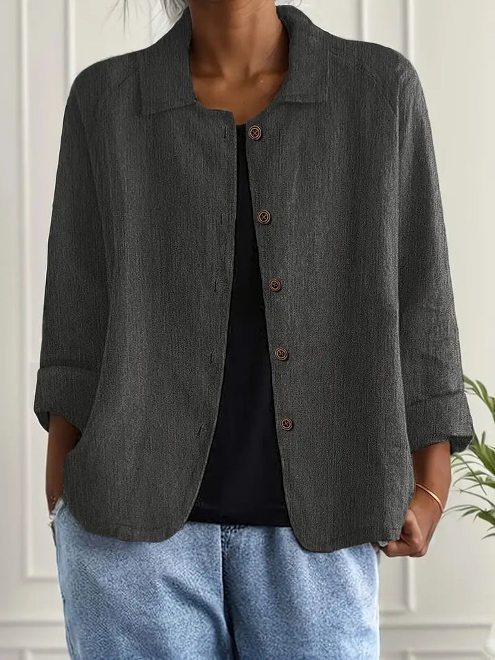 Full length view of women's button front casual jacket outfit
