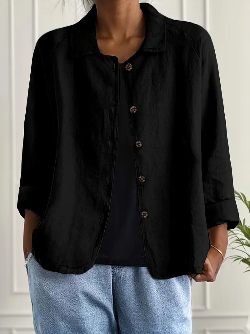 Close-up of button closure detail on women's casual lightweight jacket
