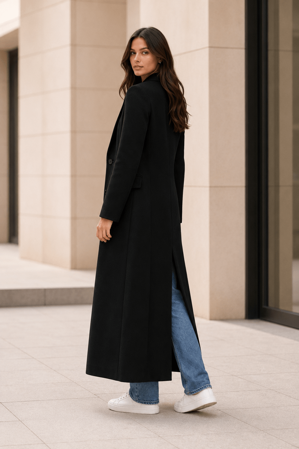 Side back view of a woman showcasing the floor-length drape and back vent of the black maxi coat.