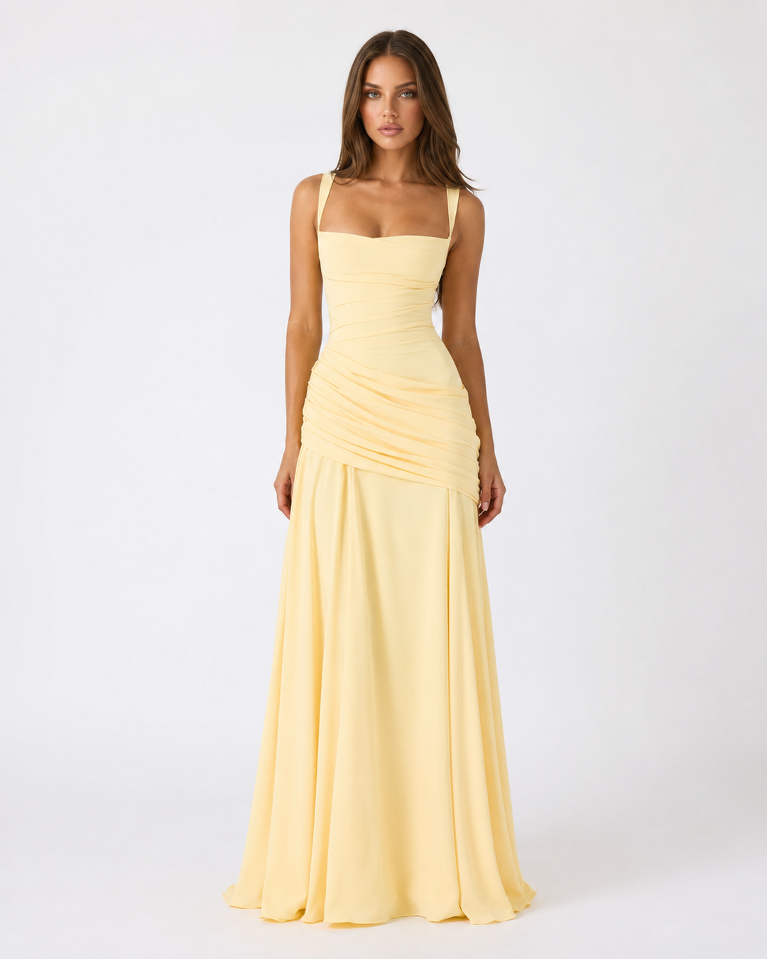 Model wearing yellow square neck side drape maxi dress