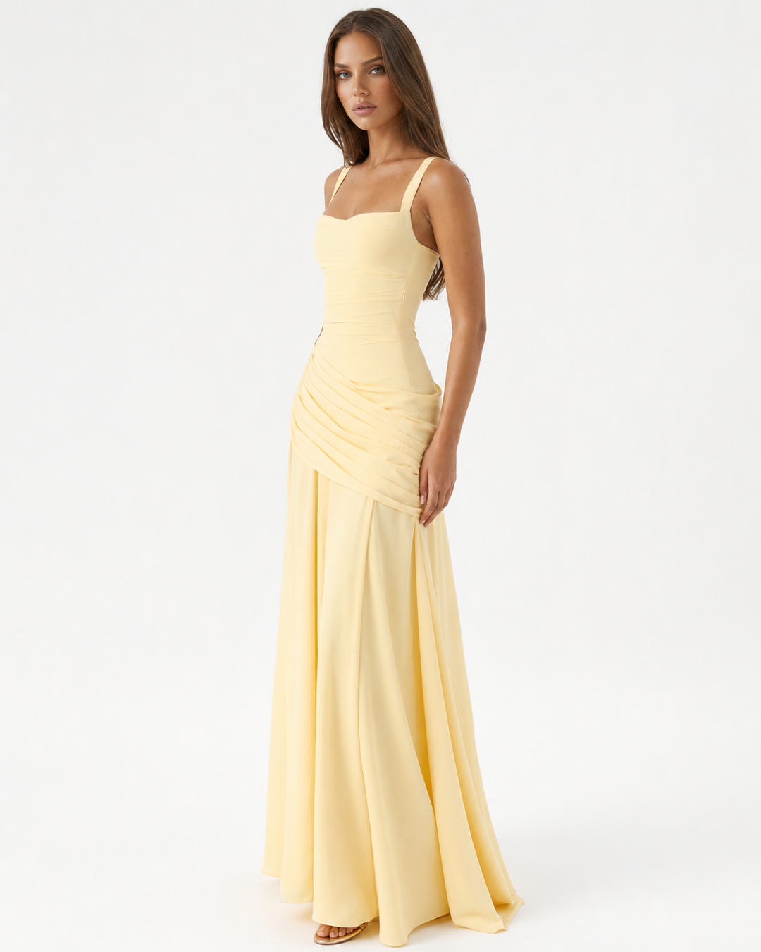 Long evening dress designed with a trendy square collar and drape