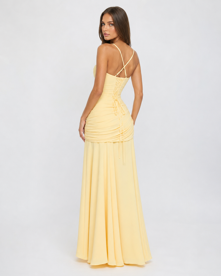 Classic wedding guest maxi dress featuring a chic square neck