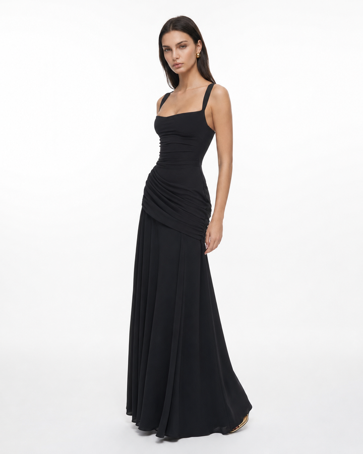 Modern square neck maxi dress designed for evening elegance