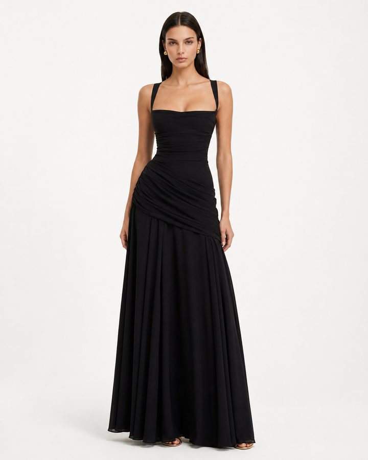 Women's square neck evening maxi dress with side drape detail