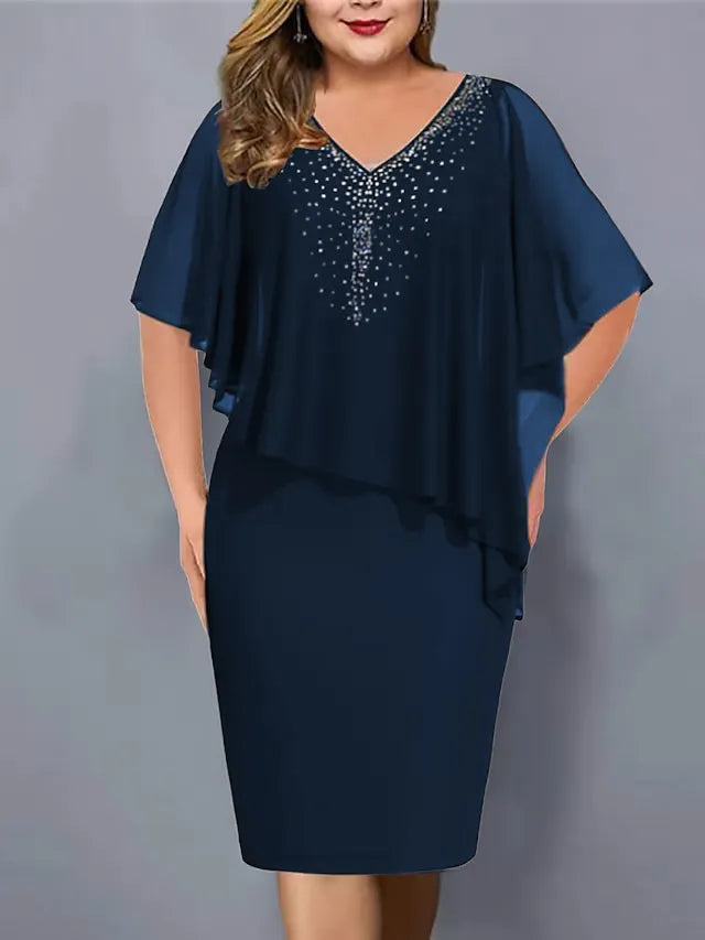 Women's V-neck midi dress featuring an elegant sheer chiffon cape overlay for formal events