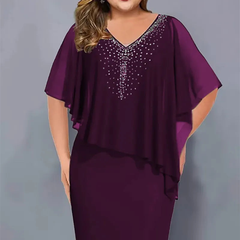 Detailed shot of the fabric and silhouette of a formal V-neck cape dress for women