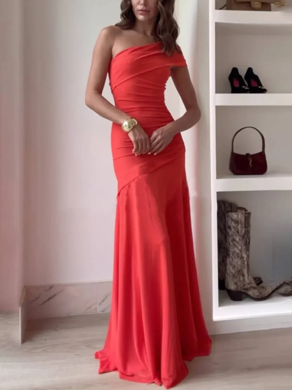 Elegant one-shoulder evening maxi dress with flattering ruched detailing for formal events